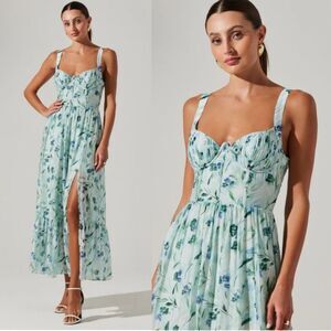 New ASTR Kelby Floral Bustier Lace Up Slit Maxi Dress Green Blue